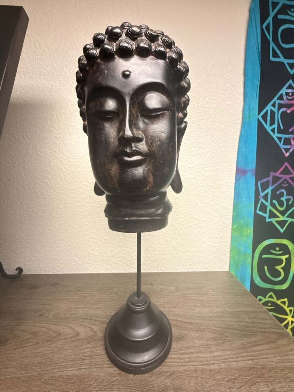 Vintage Meditating Buddha Head Statue on Pedestal Stand